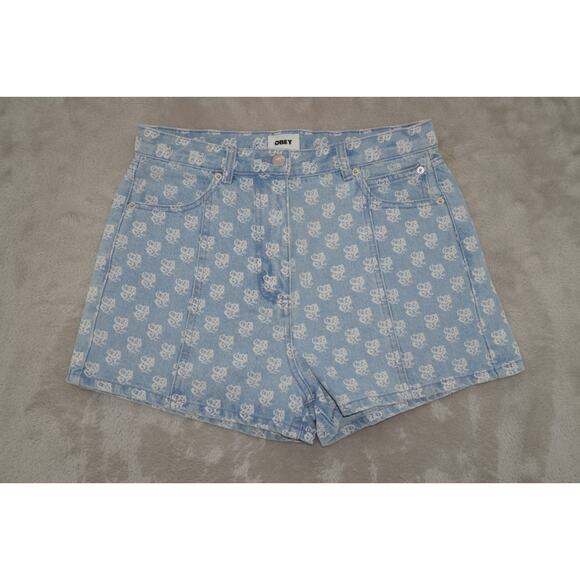 OBEY Monogram Denim Shorts Women’s 29 High Rise Blue Logo Print Streetwear Y2K - Picture 2 of 7